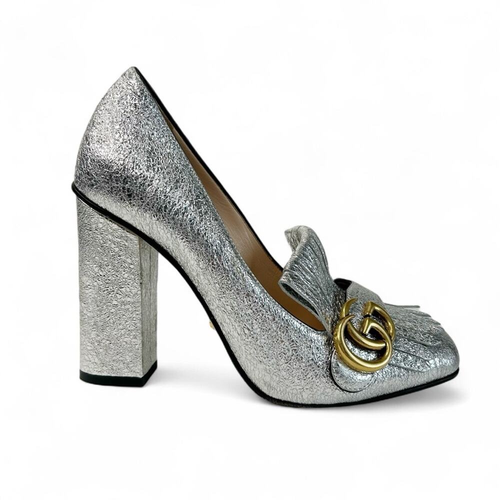 Gucci Silver Metallic Block Heel Pumps with Gold Double G